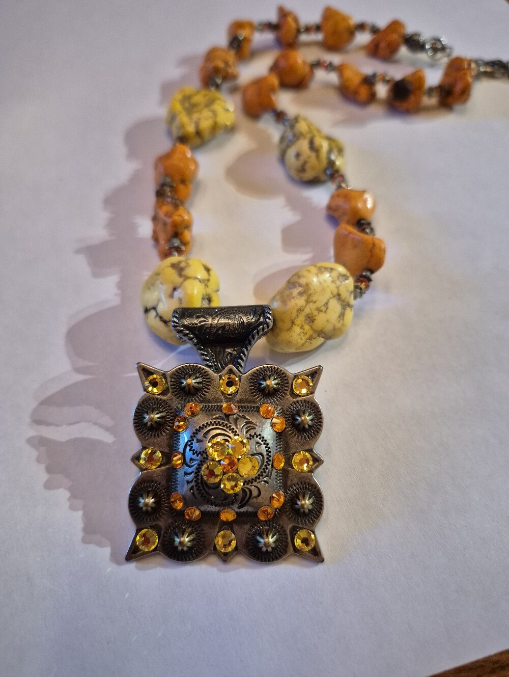 Custom Cowgirl Yellow & Orange Stone Necklace with Jewelled Pendant